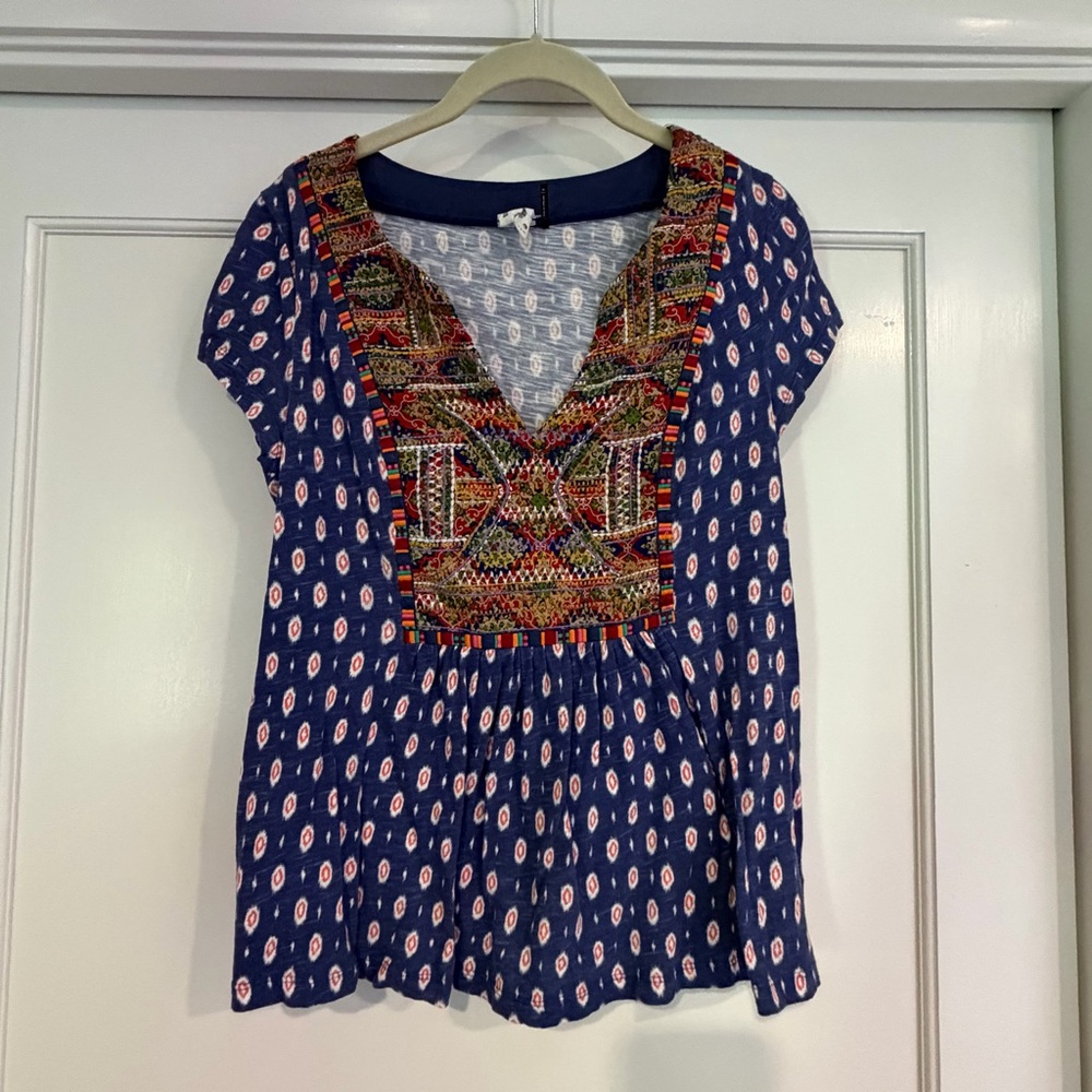 Anthropologie Boho Embroidered V-Neck Women's Top - Navy
